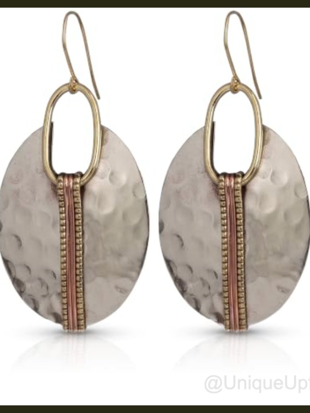 Boho Dangle Earrings Mixed Metal Silver Oval Drop 2 Inch